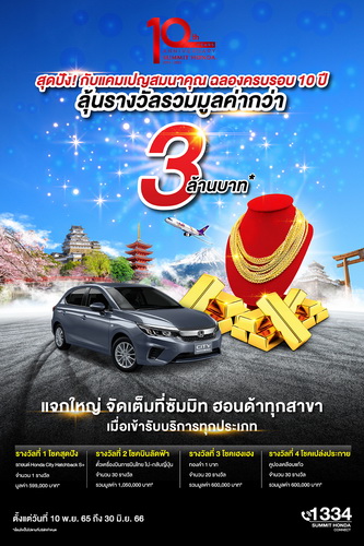 ซัมมิท ฮอนด้า ออโตโมบิล ฉลองครบ 10 ปี ‘ซื้อรถ ลุ้นรับรถ HONDA’ พร้อมรางวัลมูลค่ากว่า 3 ล้านบาท