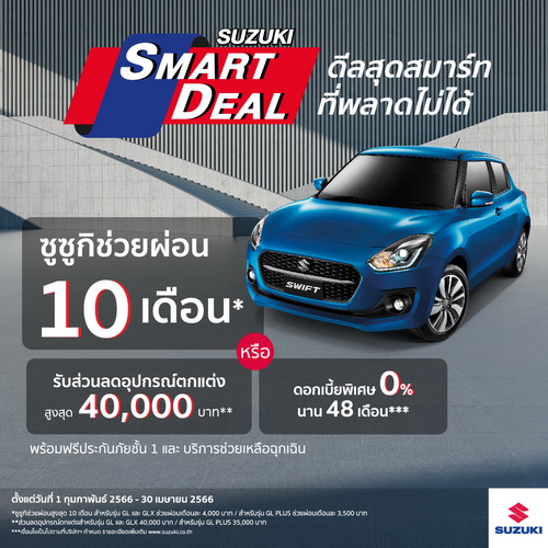 SUZUKI SWIFT โปรโมชันพิเศษ“SUZUKI SMART DEAL”ดอกเบี้ย 0% พร้อมช่วยผ่อนนาน 10 เดือน