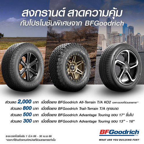 บีเอฟกู๊ดริช แจกส่วนลด มูลค่าสูงสุด 2,000 บาท เมื่อซื้อยาง 4 เส้น