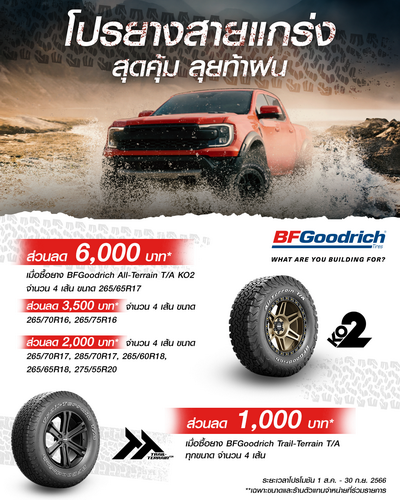 ‘บีเอฟกู๊ดริช’ จัดโปรแจกฟรี ส่วนลดสุดคุ้มมูลค่า 6,000 บาท เมื่อซื้อยาง 4 เส้น