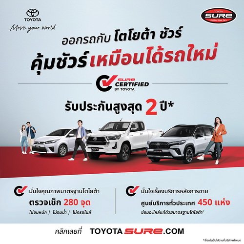 “Toyota Sure Certified” เพิ่มการรับประกันคุณภาพ สูงสุด 2 ปี 40,000 กม.!