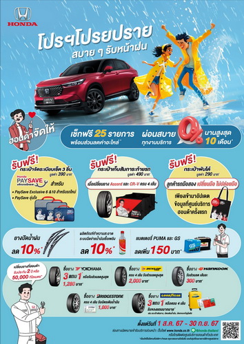 ฮอนด้าชวนลูกค้าเช็กสภาพรถฟรี พร้อมรับส่วนลดอะไหล่ โปรโมชันยาง 3 แถม 1 ผ่อน 0% 10 เดือน