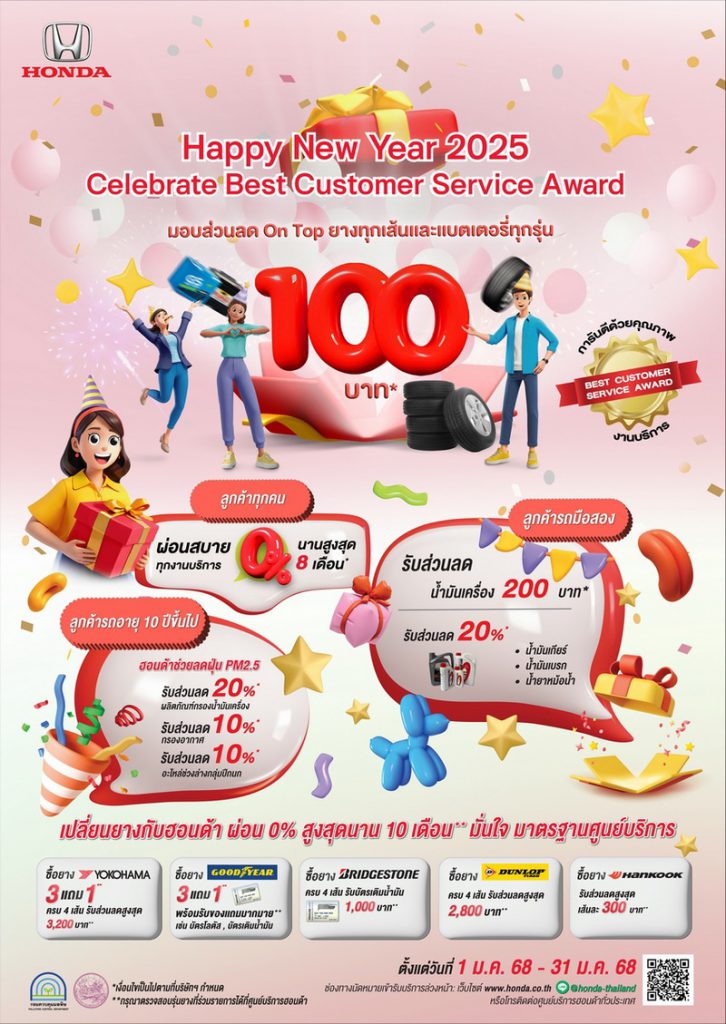 ตรวจเช็กรถฟรี รับปีใหม่กับฮอนด้ารับเพิ่ม ! ส่วนลดสำหรับแบตเตอรี่และยางรถยนต์ทุกรุ่นทุกยี่ห้อ